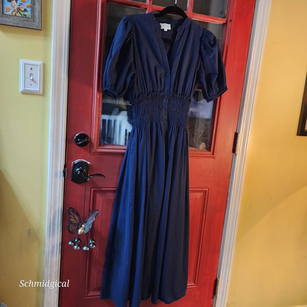 Sundays by We Are Sundays Navy Blue Smocked Waist Cotton Puff Sleeve Maxi Dress